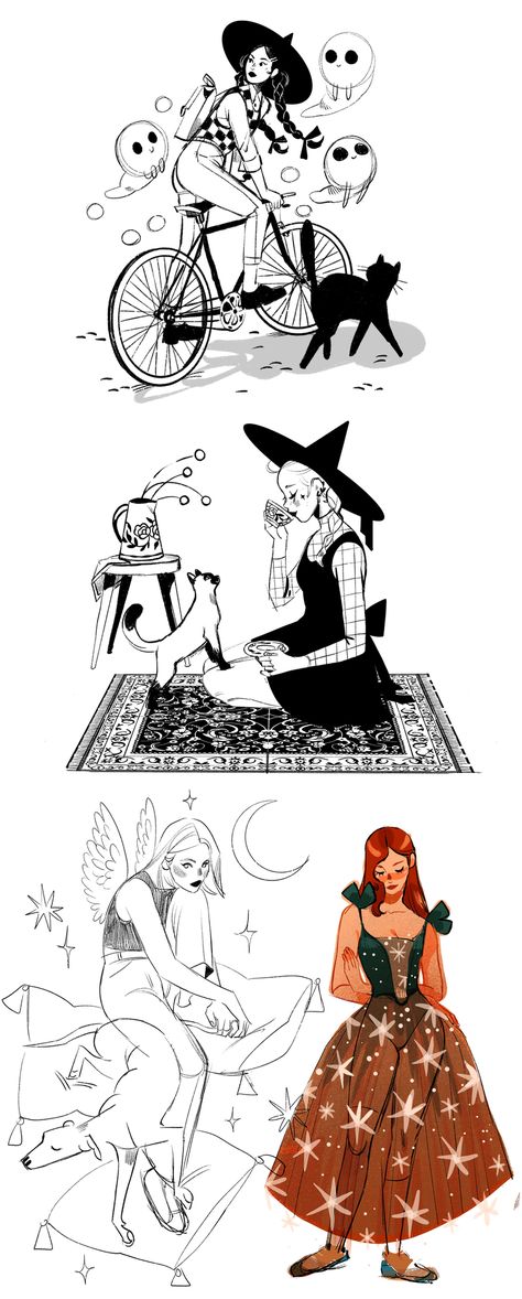 Sibylline Meynet Sketchbook, Witch Illustration Character Design, Sybilline Meynet, Sibylline Art, Exotic Drawing, Witch Poses, Female Character Illustration, Witch Reference, Witchy Illustration