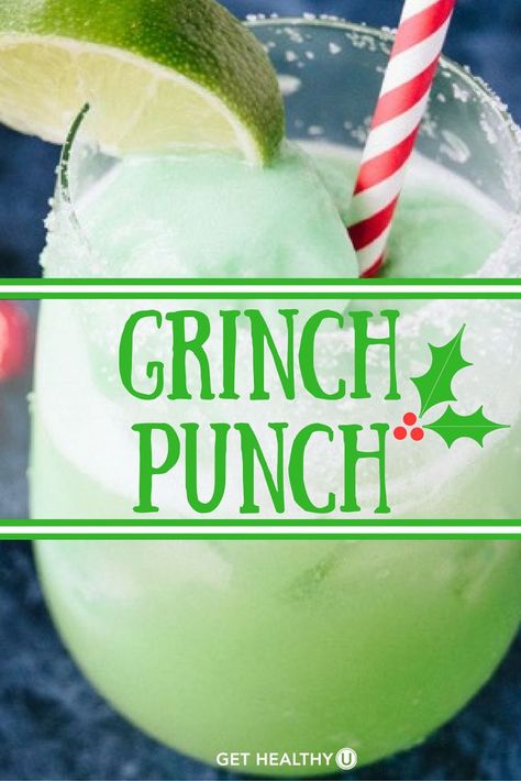 This fizzy Grinch Punch cocktail is a holiday favorite every year! We love this simple holiday cocktail recipe because it tastes like a creamy citrus dessert drink, but is much lower in calorie than most holiday drinks. This is a great beverage to make non-alcoholic as well, so the kiddos at your party can have a festive beverage too! Grinch Punch Cocktail, Holiday Cocktail Recipes, Easy Holiday Cocktails, Grinch Punch, Citrus Desserts, Recipes For Christmas, Christmas Punch Recipes, Christmas Punch, Holiday Cocktail