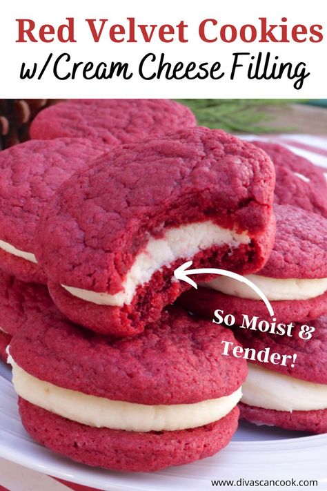 Cookies With Cream Cheese Filling, Red Velvet Cake Cookies, Velvet Desserts, Red Velvet Cookie Recipe, Valentine Dessert, Cream Cheese Cookie Recipe, Cookies With Cream Cheese, Cookie Sandwich Recipes, Divas Can Cook