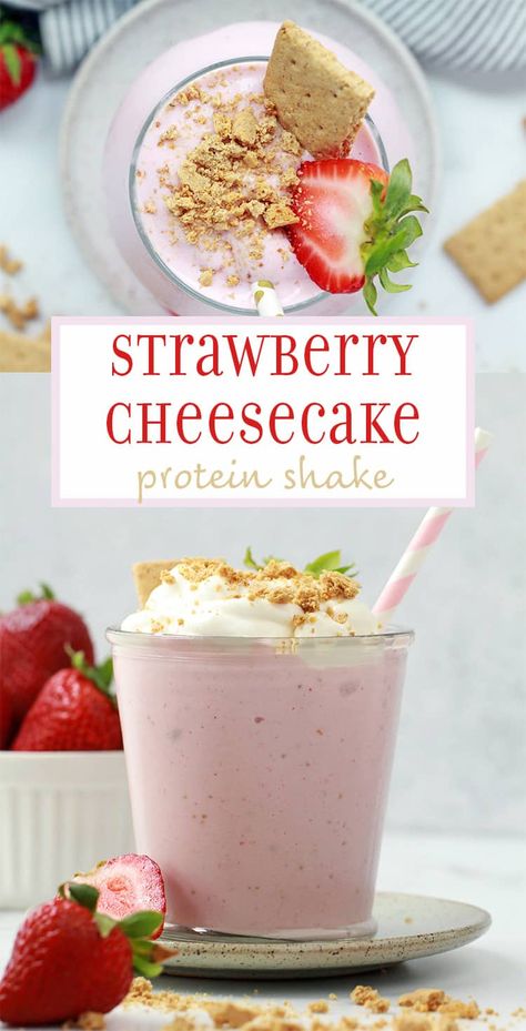 Protein Shake Recipes With Water, Keri Protein Shakes, Strawberry Protein Shake Smoothie, Strawberry Vanilla Protein Shake, Protein Shake Jello Recipes, Chocolate Cheesecake Protein Shake, Desert Protein Shake, Strawberry Protein Powder Recipes Shakes, Fun Protein Shake Recipes