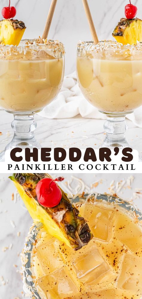 Take a trip to the tropics with this easy-to-make recipe. Cheddar’s Painkiller Cocktail recipe only requires six ingredients and will have you and your friends coming back for more. Painkiller Cocktail Recipe, Frozen Painkiller Cocktail, Cheddars Painkiller Recipe, Club Special Drink Recipe, Pain Killer Drink Recipe, Drinks For Beach, Pain Killer Cocktail, Painkiller Drink Recipe, Easy Mixed Drinks Alcohol