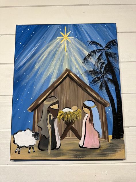 Manger Scenes Nativity, Nativity Painting, Nativity Star, Diy Nativity, Christmas Canvas Art, Basic Painting, Handmade Christmas Crafts, Holiday Painting, Paint Night