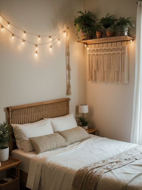 Aesthetic Twin Bedroom, Plants Above Bed, Macrame Above Bed, Macrame Wall Hanging Above Bed, Lights Above Bed, Above Bed Ideas, Bedroom Wall Decor Above Bed, String Lights In The Bedroom, Macrame Wall Hangings