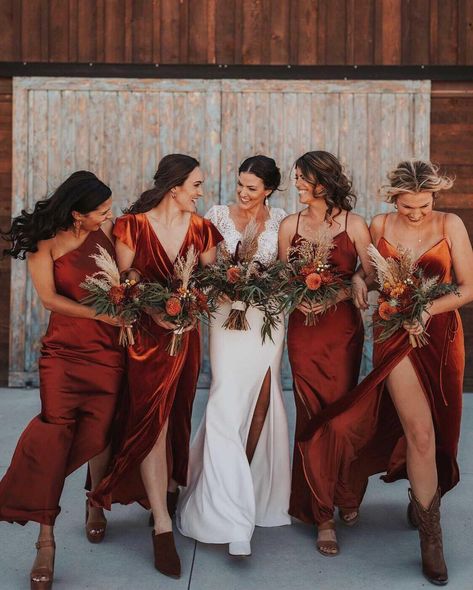 Charmeuse Bridesmaid Dress, Fall Bridesmaid, Cute Bridesmaid Dresses, Burnt Orange Bridesmaid Dresses, Fall Wedding Bridesmaids, Ivory Bridesmaid Dresses, Matching Bridesmaids, Fall Bridesmaids, Orange Bridesmaid Dresses