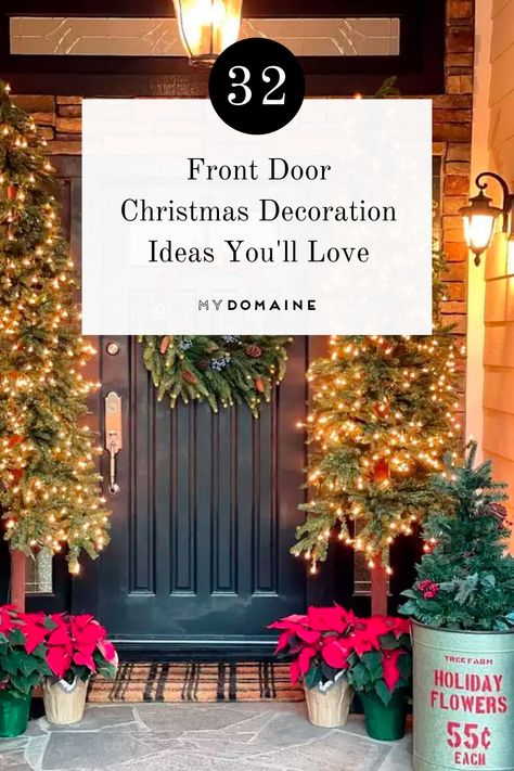 Christmas Trees By Front Door Entrance, Black Front Door Christmas Decor, Entry Door Christmas Decor, Lighted Garland Around Front Door, How To Decorate Front Door Entrance For Christmas, Front Door Decor For Christmas, Christmas Front Door Decor Entrance Diy, Outdoor Christmas Garland Front Doors, Decorate Front Door For Christmas