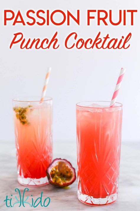 Passion Fruit Punch Cocktail Recipe | Tikkido.com Passion Fruit Puree Cocktails, Passion Fruit Vodka Cocktail, Passion Fruit Ciroc Recipes, Passionfruit Cocktail Recipes, Ciroc Passion Drink Recipes, Halloween Fruit Punch, Passion Fruit Cocktail Recipes, Fruit Punch Recipes, Fruit Punch Cocktail