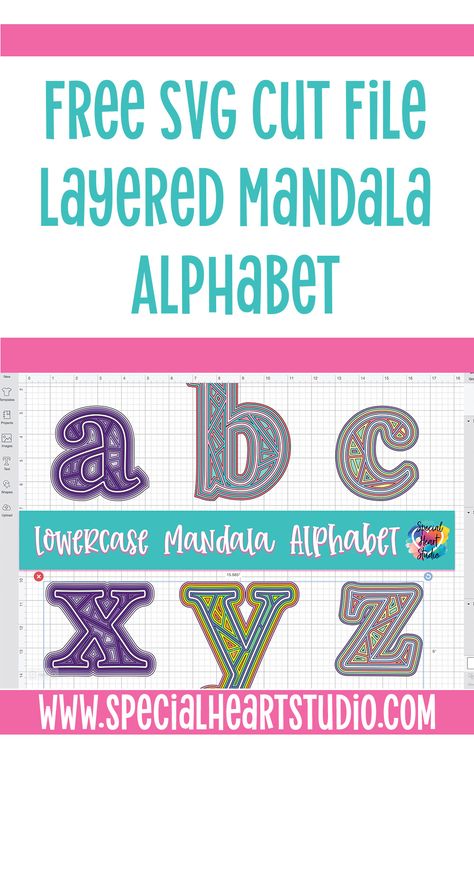 Free Layered Alphabet Mandala Style. Use these designs with cardstock or vinyl to create a fun project with your Cricut or Silhouette. Perfect for decorating a room or classroom. 3D | layered mandala | SVG | Cut File | free | Cricut cut file | Silhouette Cut file | 3d mandala 3d Alphabet Letters, Alphabet Mandala, Cricut Mandala, Ampersand Sign, Layered Mandala, Cricut Svg Files Free, All Crafts, Cricut Supplies, 3d Alphabet