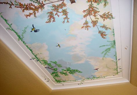 Ceiling Sky Mural - (650×452) | Trompe l'oeil | Mural Sky Ceiling, Paper Parasol, Ceiling Painting, Ceiling Murals, Wall Murals Painted, Mobile Art, Bedroom Ceiling, Floral Poster, Painting Studio