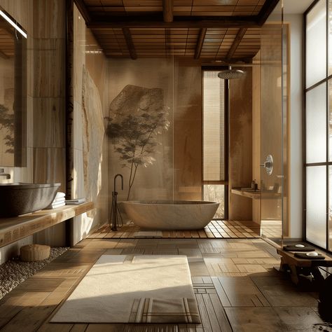 Tranquil Zen Beige Bathroom Retreat [Room Concept] Wood And Stone Bathroom, Beige And Brown Bathroom, Modern Zen Bathroom, Japanese Bathroom Design, Zen Aesthetic, Best Bathroom Lighting, Rustic Winter Decor, Japanese Bathroom, Warm Color Palette