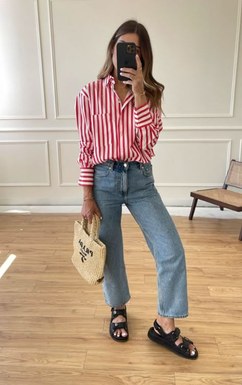 Red Shirt Casual Outfit, Striped Button Shirt Outfit, Red And White Shirt Outfit, Striped Shirts For Women, Stripped Shirt Women Outfit Work, Red Shirt Outfit Women, Red Stripe Outfit, Strip Shirt Outfit, Red Polo Shirt Outfit Women's