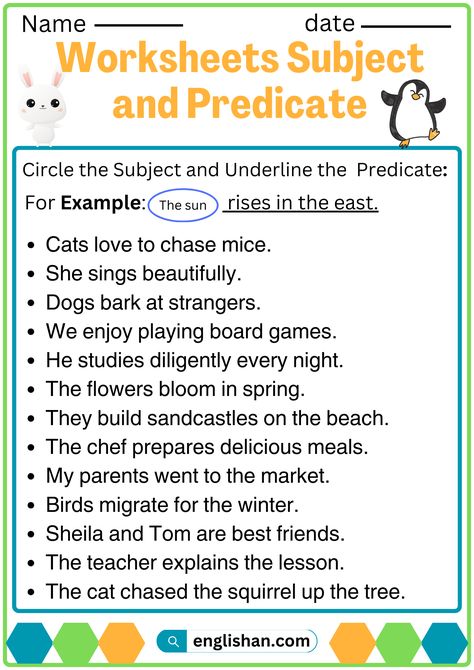 English Grammar Worksheet on Subject and Predicate in English Worksheet For 4th Grade English Grammar, Subject And Predicate Worksheet, Alliteration Examples, Subject Predicate, Eng Grammar, English 101, Handwriting Worksheets For Kids, Grammar Notes, English Grammar Notes