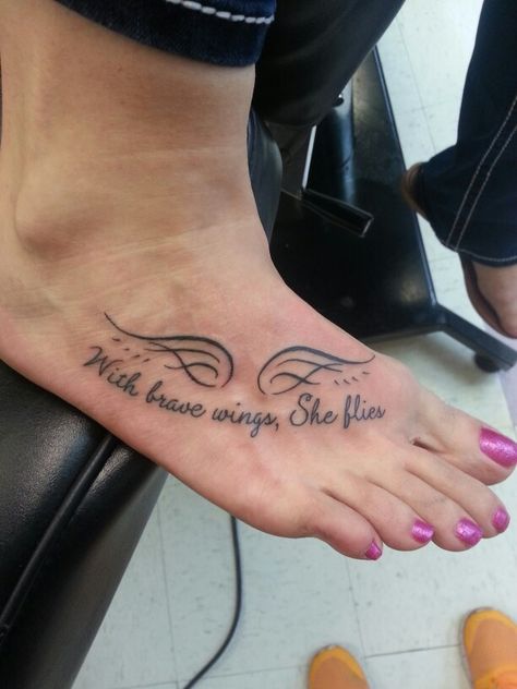 With brave wings, She flies Mom Memorial Tattoo Ideas For Daughter Angel Wings, Now She Flies With Butterflies Tattoo, With Brave Wings She Flies Tattoo, Wind Beneath My Wings Tattoo, Friend Memorial Tattoos, Rememberance Tattoo Ideas, Flies Tattoo, Memorial Wings, Angel Wing Tattoo