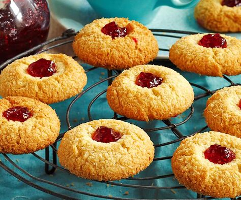 Coconut jam drops Coconut Pyramids, Coconut Jam Drops, Jam Drops Recipe, Jam Drop Biscuits, Jam Drops, Cookies With Jam, Coconut Jam, Kids Treats, Coconut Biscuits