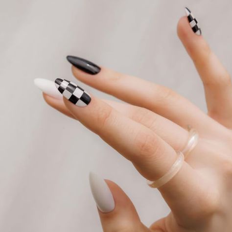 #almondnails #fall #pretty #cute Checkered Nails Almond, Almond Designs, Designs Black And White, Checkered Nails, Nails Kit, Medium Almond, Almond Nails Designs, Long Acrylic Nails Coffin, Nails For Women