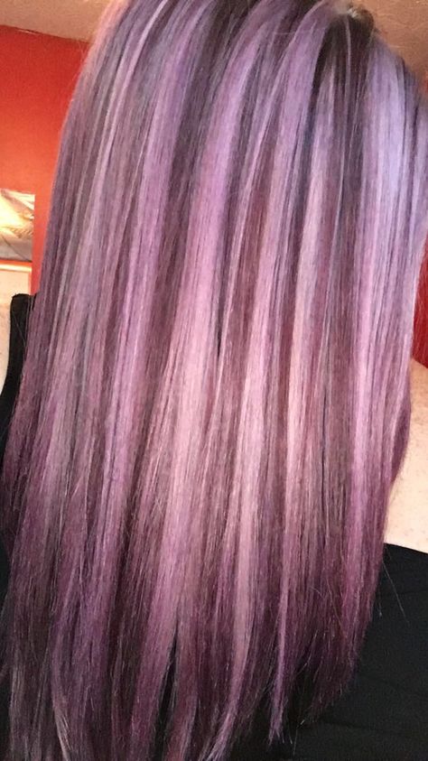 Purple blonde highlights Purple Hair Blonde Highlights, Purple With Blonde Highlights, Purple Hair With Highlights, Purple Skunk Hair, Purple Blonde, Lavender Highlights, Skunk Hair, Best Hair Dye, Y2k Hair