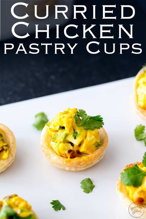 These Curried Chicken Pastry Cups are always the first thing to go at parties. The chicken is stirred through a curried mayonnaise, enhanced with sweet apricots and sultanas. All encased within a delicate pastry cup. They are bright, inviting and delicious. Recipe by Sprinkles and Sprouts | Delicious Food for Easy Entertaining #partyfood #corinationchicken #chickencanape #chickenappetizer #volauvent Curried Mayonnaise, Event Appetizers, Chicken Pastry, Tapas Platter, Pastry Cups, Chicken And Pastry, Hi Tea, Sprouts Recipes, Steamed Pork