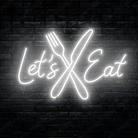 Eat Neon Sign Restaurant LED Light Sign This eat neon sign will be an effective way to draw all eyes to your restaurant, food truck, cafe, dining room, or home kitchen. With eye-catching design and colors, the Let's eat neon sign will display as a warm invitation to all passersby and notice that tasty food is served here. The beautiful light from neon art will create a comfortable ambiance for everyone to enjoy their delicious meal. What's better than enjoying amazing flavors in a space full of magical glow? Whether you're a small restaurant owner or simply looking to add some personality to your home kitchen, this neon sign will light it up. So why wait? Order your Let's eat sign today and get ready to create an unforgettable dining experience for yourself and the people around you. Speci Neon Sign For Kitchen, Neon Light Restaurant, Restaurant Neon Sign Ideas, Kitchen Neon Sign, Neon Kitchen, Food Neon Sign, Restaurant Neon Sign, We Are Open Sign, Sign Restaurant