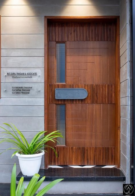 Office Design and Space Planning followed by Unique Artistic Outlook in this C.A Firm  | Studio Ankit Pahuja - The Architects Diary Aesthetic Door, Door Aesthetic, Door Painting, Modern Entrance Door, Front Wall Design, House Main Door Design, Main Entrance Door Design, Exterior Wall Tiles, Main Entrance Door