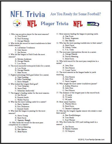 Printable+NFL+Trivia+Questions Nfl Trivia Questions And Answers, Football Trivia Questions And Answers, Football Trivia Game, Super Bowl Trivia, History Trivia Questions, Football Trivia, Printable Brain Teasers, Superbowl Party Games, Christmas Trivia Games