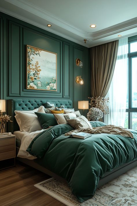 Transform your bedroom into a dark green and gold oasis. Explore 25 stunning ideas!  Combine deep forest green walls with the elegance of gold accent furniture and luxurious metallic details. Discover emerald velvet headboards, antique gold mirrors, and ornate light fixtures.  Find inspiration for dark green bedding with gold trim, gilded picture frames, and lush plants.  Create a cozy and opulent retreat. Green And Navy Bedroom Ideas, Emerald Green Bedding Aesthetic, Hufflepuff Aesthetic Bedroom, Dark Academia Green Bedroom, Dark Forest Bedroom Ideas, Green Accent Wall Bedroom Ideas, Peacock Inspired Bedroom, Navy Blue And Green Bedroom, Deep Teal Bedroom