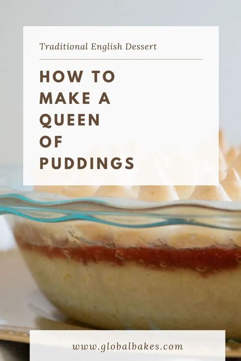 Queen of Puddings is a traditional British dessert made up of custard thickened with bread crumbs, a layer of jam then piped with pillowy meringue that is browned to perfection! The textures are heaven! Perfect bake for teatime or while watching GBBO! #recipe #dessert #british #gbbo Scottish Tablet Recipes, Queen Of Puddings, Tablet Recipe, Plan 2023, Pear Cocktails, British Desserts, Leftover Bread, Recipe Dessert, Tv Food