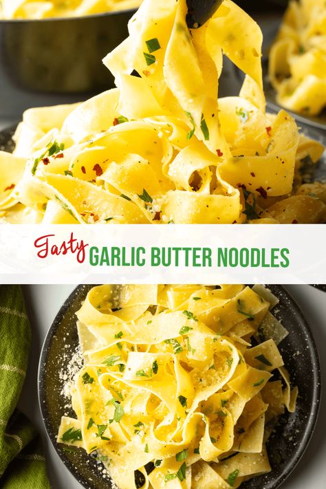 Best Garlic Butter Noodles Recipe - This perfectly simple and scrumptious comfort food dish features tender pasta tossed with a delicious buttery garlic sauce. It's easy to make in under 20 minutes with a handful of basic ingredients! | A Spicy Perspective Buttery Garlic Noodles, Butter Noodle Recipe, Garlic Butter Noodles Recipe, Garlic Buttered Noodles Recipe, Basic Pasta Sauce, Butter Noodles Recipe, Basic Pasta Recipe, Pasta Side Dishes Easy, Noddle Recipes