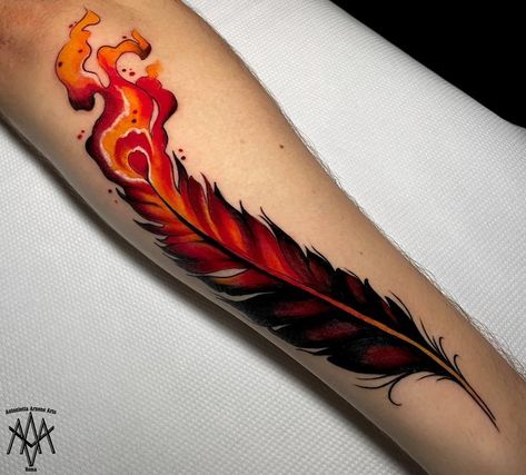 Phönix Tattoo Color, Flame Feather Tattoo, Burning Phoenix Feather Tattoo, Feather Flame Tattoo, Burning Pheonix Tattoo, Feather Fire Tattoo, Burning Wings Tattoo, Phoenix And Fire Tattoo, Fire Feather Tattoo