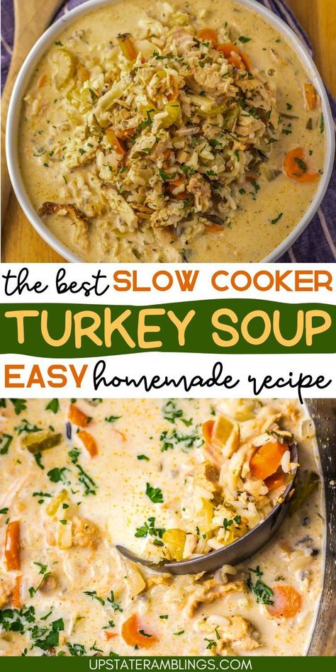 Slow Cooker Turkey Soup Turkey Bisque Soup, Soup Recipes Turkey Meat, Turkey Chowder Crockpot, Whole 30 Turkey Soup, Turkey And Stuffing Soup, Cream Turkey Soup, Orzo Turkey Soup, Turkey Soup From Carcass Recipes Slow Cooker, Turkey Soup From Carcass Recipes With Barley