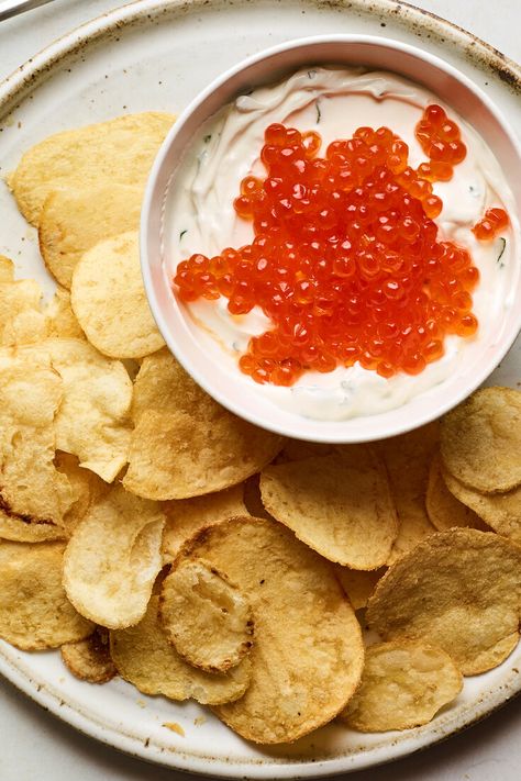 Caviar Sour Cream Dip With Potato Chips Recipe - NYT Cooking Baked Potato With Caviar, Caviar And Potato Chips, Caviar Dip, Potatoes Chips, Chip Recipes, Best Dip Recipes, Potato Chip Recipes, Tuna Recipe, Sour Cream Dip