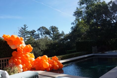 Orange balloon garland for pool party Orange Balloons, Hen Do, Balloon Art, Balloon Garland, Pool Party, Bday Party, Party Themes, Balloons, Pool