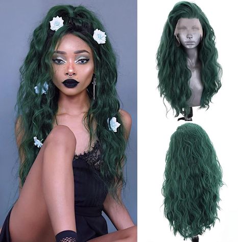 Dark Green Curly Hair, Green Curly Hair, Green Wigs, Dark Green Hair, Witch Hair, Glueless Lace Front Wigs, Hair Lace Front Wigs, Green Wig, Hair Color Shades