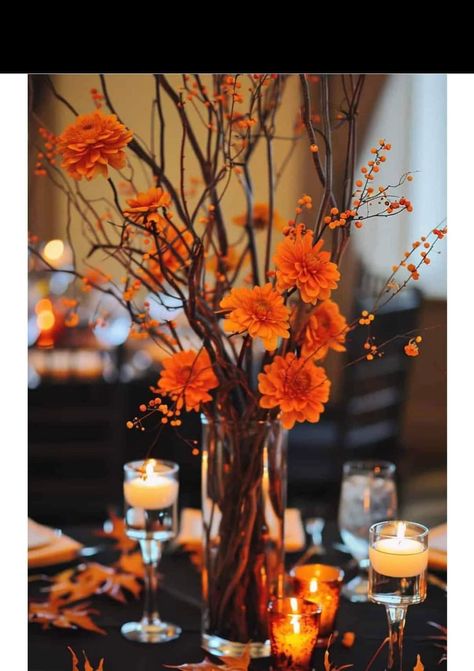 Centerpieces Wedding Orange, Burnt Orange Sweetheart Table, Rustic Sweetheart Table Wedding, Burnt Orange Wedding Ideas, Burnt Orange Weddings Decorations, Orange Wedding Centerpieces, Orange Wedding Ideas, Eucalyptus Centerpiece, Wildflower Centerpieces