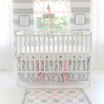 This collection is perfect for any little girl’s nursery! The mixture of damask patterns, stripes, and polka dots in pink and grey will surely be the focal point of your little girl’s nursery! The tailored crib skirt features a grey damask pattern with polka dot panels and soft pink bows. The fitted crib sheet consists of playful pink and grey polka dots. The blanket with a grey damask pattern, soft pink cording, and enclosed with a polka dot ruffle. Bumper sold separately. Accessories available Nursery Crib Bedding, Baby Room Curtains, Grey Crib, Gray Nursery, Bedding Sets Grey, Crib Bedding Girl, Cute Bedding