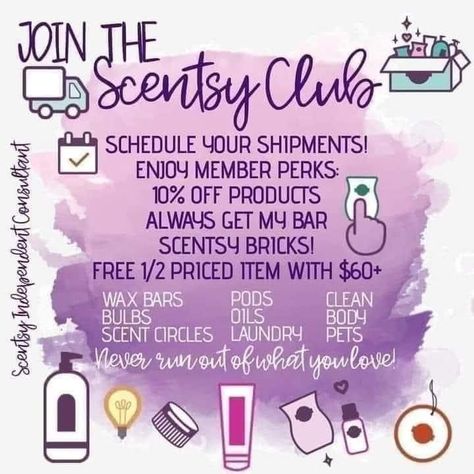 Join Scentsy Club and never run out of your Favorites! If a Bar is discontinued, "Always Get my Bar" in Scentsy Club until you decide you don't want anymore. No subscription, No min or max Get your favorites every month, 2 months, or 3 months. Scentsy Club, Scentsy Pictures, Scentsy Brick, Scentsy Facebook Party, Scentsy Facebook, Scentsy Marketing, Join Scentsy, Scentsy Consultant Ideas, Scented Wax Warmer