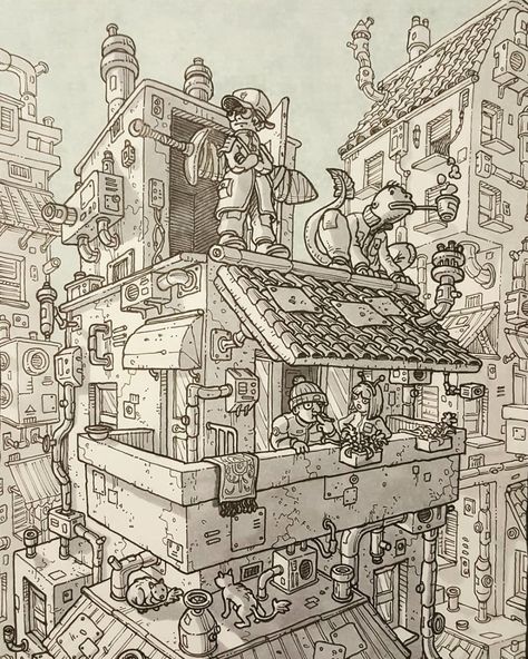 ArtStation - City sentries., Daniele Turturici Fantasy Architecture, Fineliner Art, City Sketch, Animation Art Sketches, City Drawing, Background Drawing, Arte Cyberpunk, Illustration Cartoon, Architecture Illustration