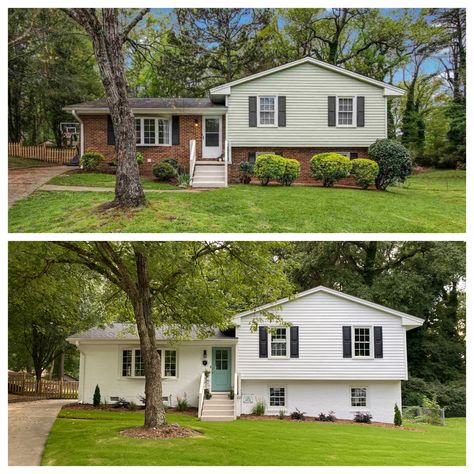 White Raised Ranch Exterior, Painted Brick Split Level Exterior, White Split Level Exterior, White Split Level House, Trilevel House Exterior, Tri Level Remodel Exterior, Bilevel House Exterior, Raised Ranch Exterior, German Smear Brick Exterior