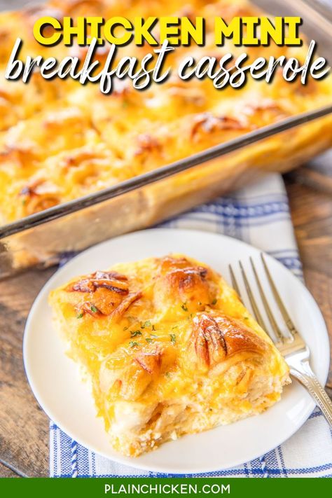 Chicken Mini Breakfast Casserole – inspired by our love of Chick-Fil-A’s chicken minis. INGREDIENTS: frozen popcorn chicken, crescent rolls, eggs, milk, cheddar cheese, and honey. We made this twice in one week. SO good! All you need is a side of fruit and/or yogurt and you are set! Great for breakfast, lunch, or dinner! Mini Breakfast Casserole, Casserole With Hashbrowns, Breakfast Casserole With Hashbrowns, Frozen Popcorn, Fruit Salad With Pudding, Chicken Crescent, Easy Breakfast Casserole Recipes, Chicken Minis, Mini Breakfast