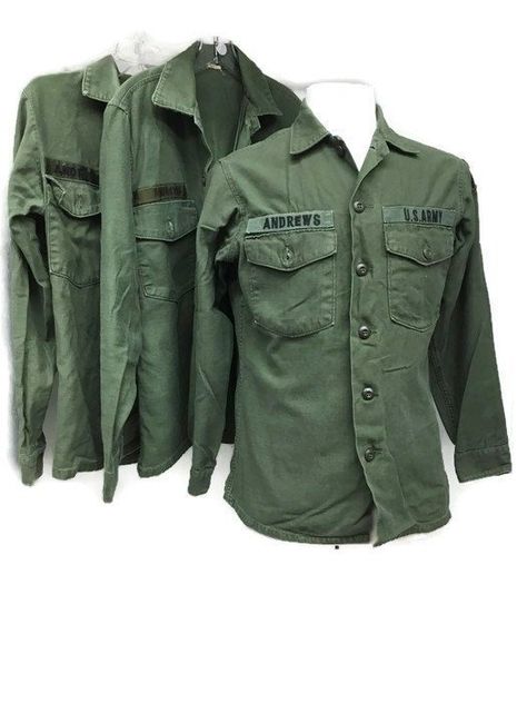 Vintage Military uniforms! 1970s Foliage Green Vietnam era uniform shirts.  For sale in our Etsy store. Uniform Tshirt, Vintage Military Uniforms, Uniform Shirt, Uniform Shirts, Military Uniforms, Military Outfit, Vintage Military, Military Uniform, Household Items