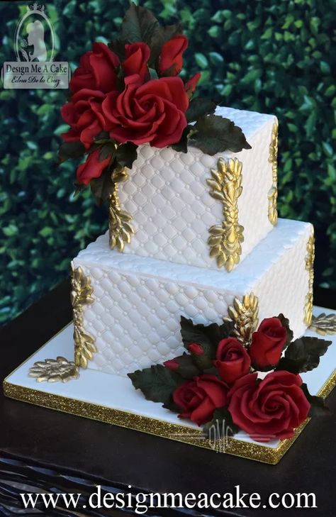 Quilted Cake Design, Red And Gold Wedding Cake, Best Cake Designs, Cake For Wedding, Red Wedding Cake, Wedding Cakes Designs, Winter Wedding Cakes, Quilted Cake, Cake With Cupcakes