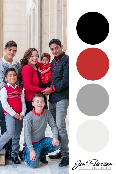 Black White Red Family Photo Outfits, Grey And Red Family Photo Outfits, Red Black Grey Family Photo Outfits, Red Black Family Photos, Red And Black Family Picture Outfits, Portrait Outfits, Outfit Coordination, Snow Pics, Family Photos What To Wear