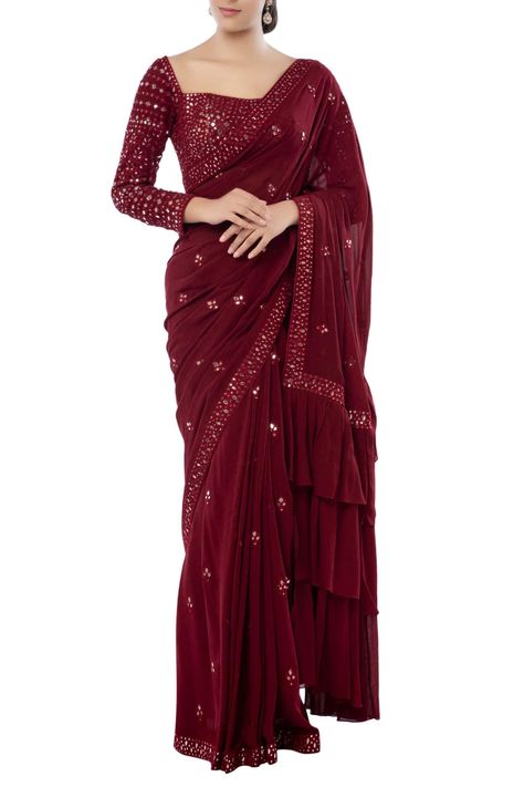 Buy Embellished Saree Set by Tamanna Punjabi Kapoor at Aza Fashions Embellished Saree, Colour Aesthetic, Saree Drape, Maroon Saree, Ethnic Dresses, Red Kurta, Blouse Ideas, Full Sleeve Blouse, Fancy Saree