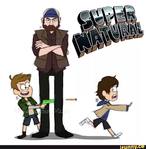 Haha Gravity Falls meets Supernatural Gravity Falls Crossover, Supernatural Series, Supernatural Fan Art, Super Papa, Supernatural Art, Supernatural Pictures, John Winchester, Sam Dean, Tv Supernatural