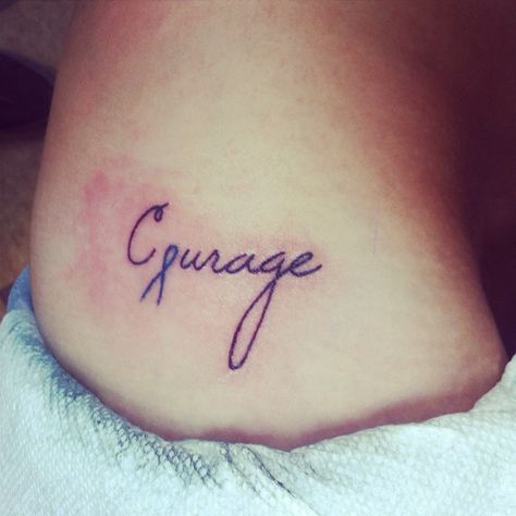 My courage tattoo I just got. The ribbon is for scleroderma Chiari Malformation Tattoos, Lewy Body Disease, Courage Tattoo, Courage Tattoos, Chronic Pain Awareness, Cute Matching Tattoos, Lewy Body, Chiari Malformation, Matching Tattoos