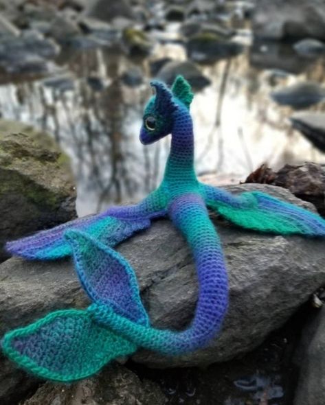 Handmade sea dragon with handpainted glitter eyes and pose-able flippers, tail, and head. Sea Dragon Crochet Pattern Free, Crochet Fantasy Animals, Crochet Tail Pattern, Fantasy Crochet Ideas, Crochet Magical Creatures, Crochet Fantasy Creatures, Crochet Dragon Amigurumi, Crochet Dragon Head, Crochet Mythical Creatures