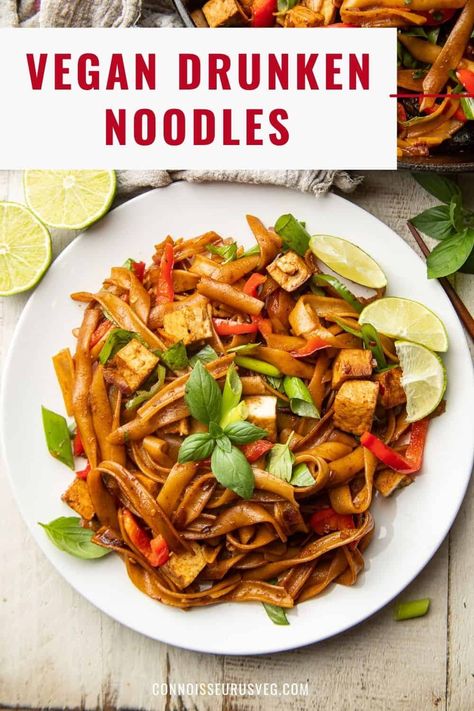 These spicy vegan drunken noodles are packed with flavor! Made with pan-fried rice noodles, tofu, and veggies in spicy sauce, they taste like they came from a restaurant, but are actually really easy to make at home. Vegan Drunken Noodles, Vegan Pasta Noodles, Tofu And Veggies, Vegan Noodles Recipes, Vegan Entree Recipes, Vegetarian Meatballs, Vegetarian Oyster Sauce, Vegan Pasta Dish, Vegan Entrees