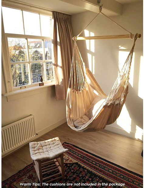 Hammock Interior Design, Bedroom With A Hammock, Hammock For Room, Hanging Hammock In Bedroom, Bedroom Hammock Ideas, Hammock For Bedroom, Swinging Chair In Bedroom, Hamicks In Bedrooms, Hammock In Room