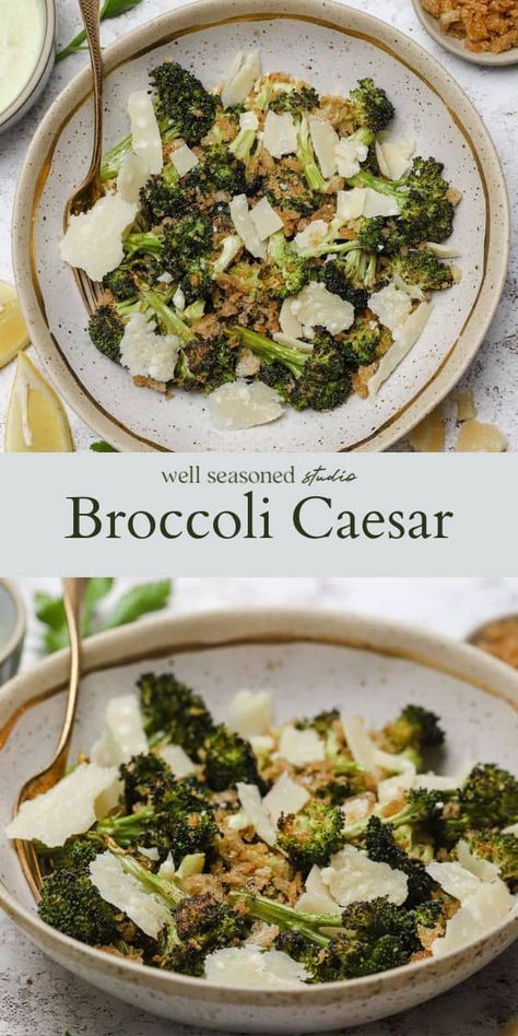 Roasted Broccoli And Tomatoes, Broccoli Ceasar Salad, Broccoli Ceaser Salad, Caesar Broccoli, Broccoli Side Dish Recipes, October Foods, Elevated Recipes, Broccoli Caesar Salad, Broccoli Caesar