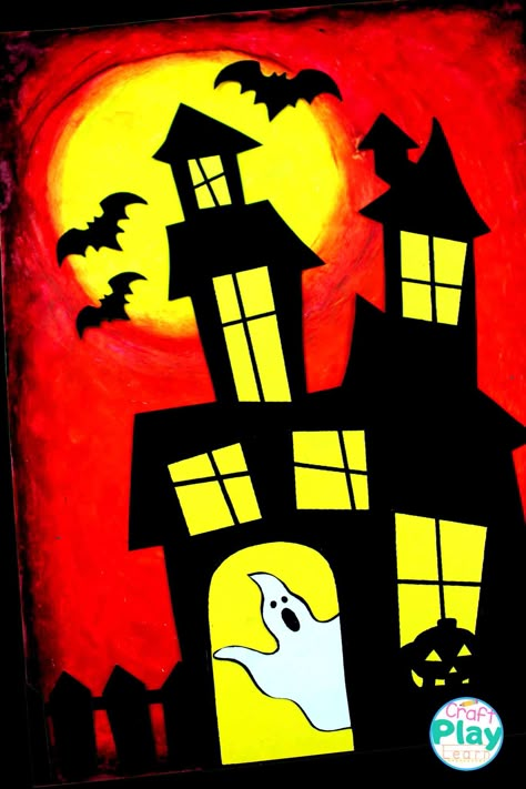 Spooky Neighborhood, Haunted House Crafts, Halloween Art Drawing, Haunted House Drawing, Haunted House Craft, Diy Halloween Masks, Bat Craft, Fall Art Projects, Halloween Templates