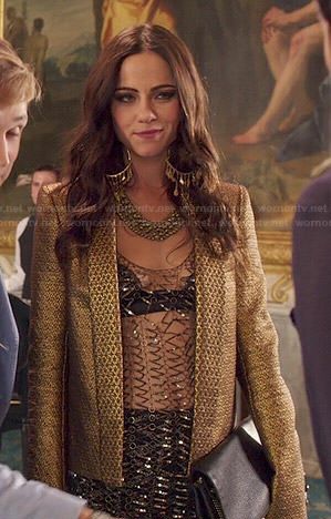 Princess Eleanor’s mesh top and gold jacket on The Royals.  Outfit Details: http://wornontv.net/48164/ #TheRoyals Eleanor Henstridge Outfit, Gold Jacket Outfit, Eleanor Henstridge, Eleanor The Royals, The Royals Tv Show, Tom Austen, Royals Outfit, Princess Eleanor, Alexandra Park