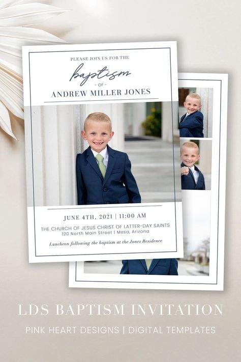 Invite your loved ones to celebrate your son's special baptism day with this customizable BAPTISM INVITATION. Quickly add your own photos and text to the template to highlight your son's special baptism portraits. Don't forget to check out the matching LDS baptism program! #LDSBaptism #BaptismInvite #LDSGifts #Baptism #LDSBaptismInvite #BaptismInvitations #LDSChurch #LDSBaptismBoy Lds Baptism Invitation, Lds Baptism Program, Baptism Invitation For Boys, Baptism Pictures, Baptism Program, Baptism Invitation Template, Lds Gifts, Lds Baptism, Baptism Decorations